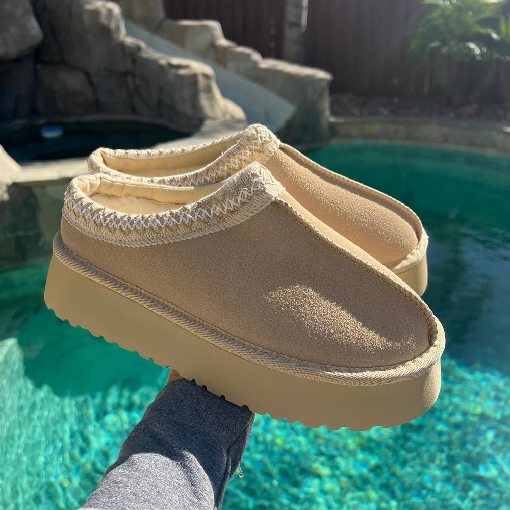 Must-Have 2023 AZTEC DETAIL FAUX FUR LINING PLATFORM SLIPPER IN SAND FAUX SUEDE